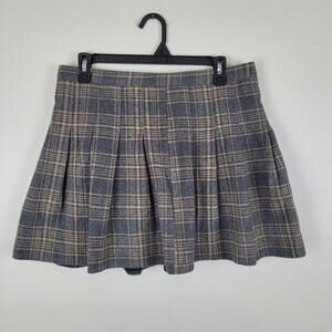 Hoerev Womens M Plaid Pleated Skirt Gray Yellow Mini Skater Wool Blend Y2K